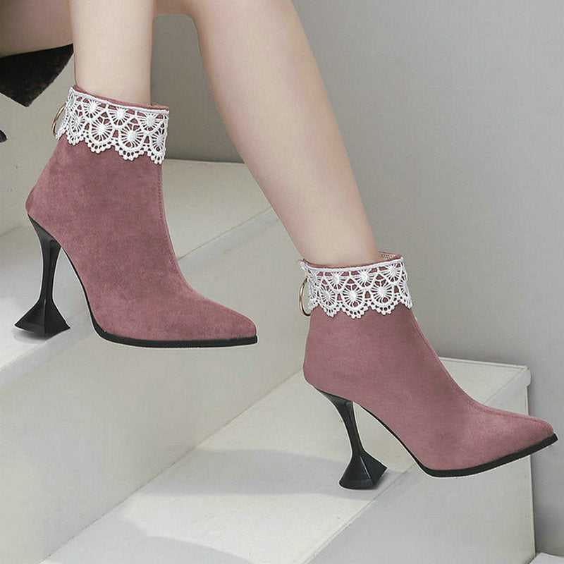 Advbridge Women Ankle Boots Faux Suede Pointed Toe Thin High Heel Ladies Short Boots Back Zipper Dress Women's Boots Big Size 45