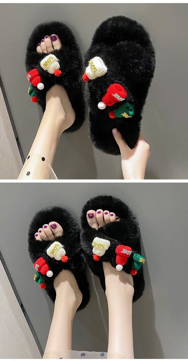 Advbridge Christmas Slippers Women Soft Faux Fur Cross Indoor Floor Slides Ladies Warm Fluffy Outdoor Slippers Female Cozy Shoes Flip Flop