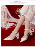 Advbridge Cute Sandals White Satin  Buckle Strap Dress Bride Minority Bridesmaid Summer Pearls Bow Thick Heel Women's Middle Heel