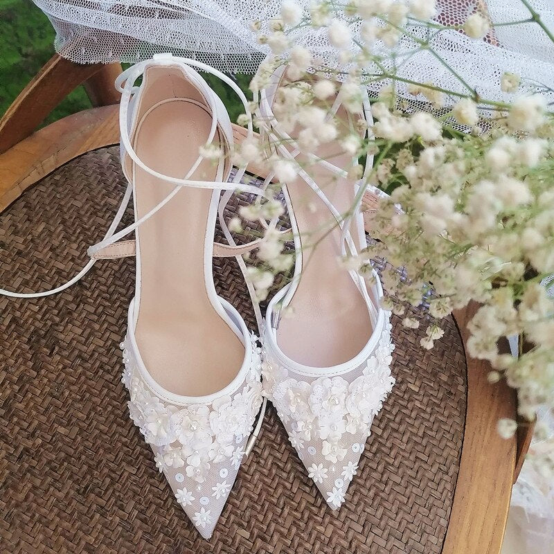 Advbridge New Bride's Shoes French Embroidery Stamping Handmade Girl White Bandage Lady's Wedding Dress High Heels Wedding Shoes