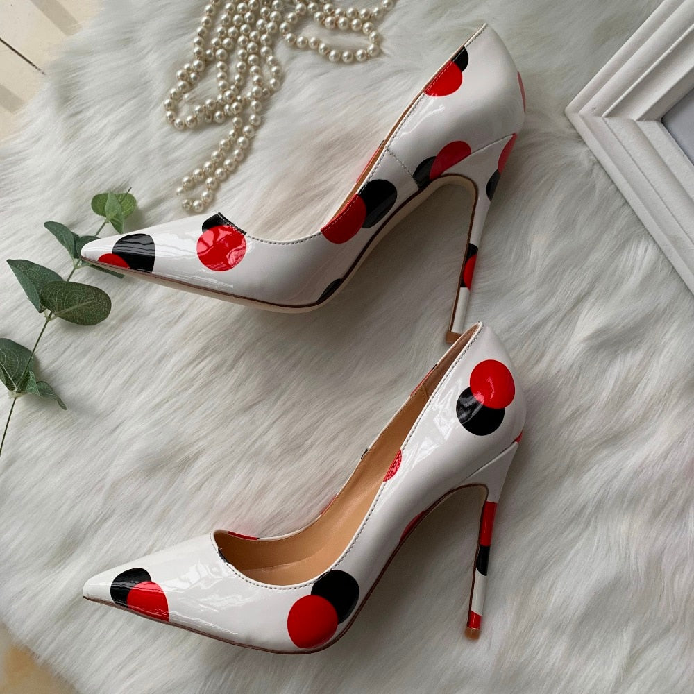 Advbridge spring new style white patent leather with black red circle pointed toe women lady 120mm high heel shoes on sale size 33