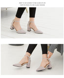 Advbridge black/pink thick high heels women pointed toe suede leather pumps women ankle belt working shoes cut out escarpins femme 66