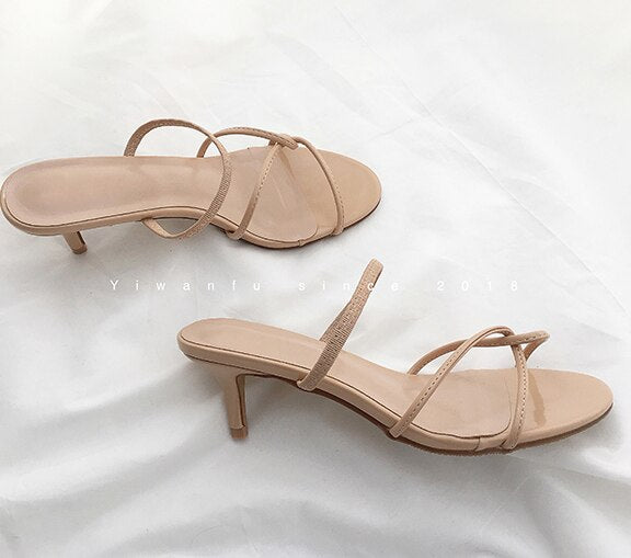 Advbridge New Sandals Female Summer Wear Medium With Two Sandals Women Open Toe High Heels 5cm Fine With Nude Color Simple