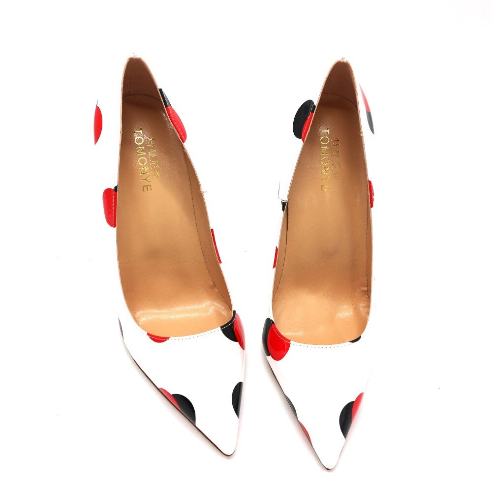 Advbridge spring new style white patent leather with black red circle pointed toe women lady 120mm high heel shoes on sale size 33