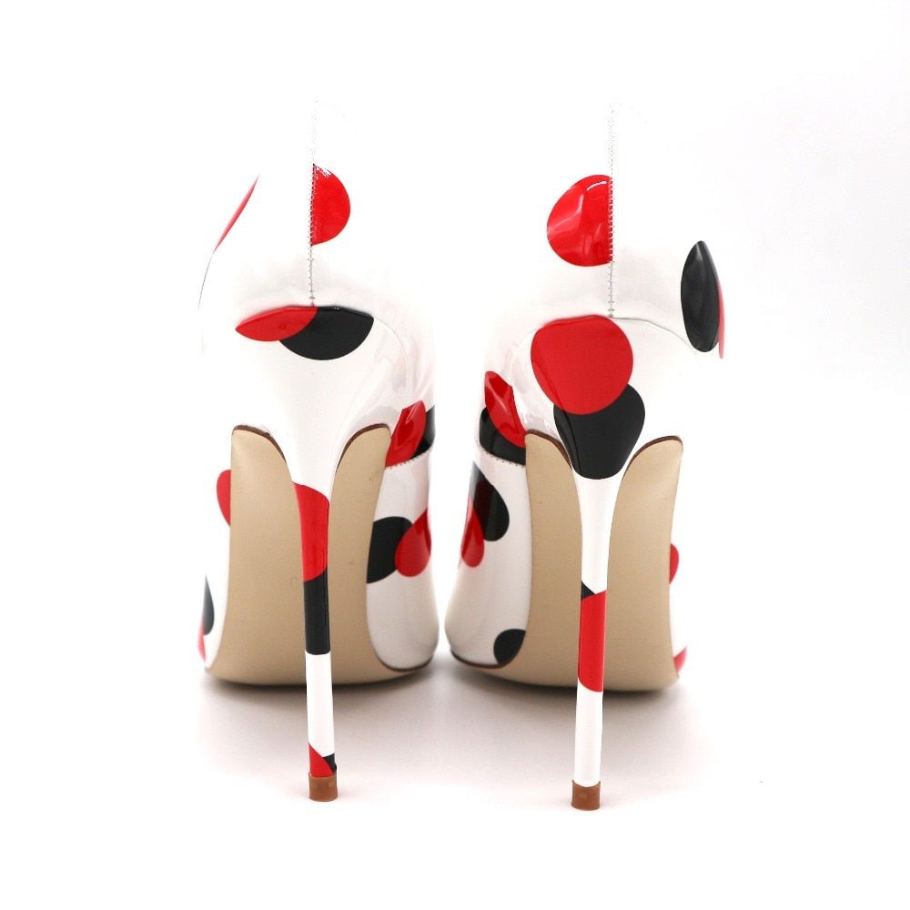 Advbridge spring new style white patent leather with black red circle pointed toe women lady 120mm high heel shoes on sale size 33
