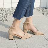 Advbridge black/pink thick high heels women pointed toe suede leather pumps women ankle belt working shoes cut out escarpins femme 66