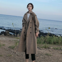 Korean Style Ladies Trench Coat Plaid Long Double Breasted Belted Oversize Loose Women Duster Coat Outerwear with Storm Flaps