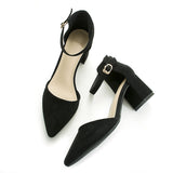 Advbridge black/pink thick high heels women pointed toe suede leather pumps women ankle belt working shoes cut out escarpins femme 66