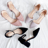 Advbridge black/pink thick high heels women pointed toe suede leather pumps women ankle belt working shoes cut out escarpins femme 66
