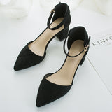 Advbridge black/pink thick high heels women pointed toe suede leather pumps women ankle belt working shoes cut out escarpins femme 66