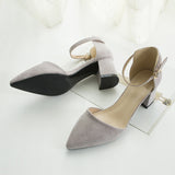 Advbridge black/pink thick high heels women pointed toe suede leather pumps women ankle belt working shoes cut out escarpins femme 66
