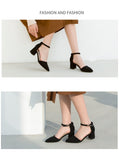 Advbridge black/pink thick high heels women pointed toe suede leather pumps women ankle belt working shoes cut out escarpins femme 66
