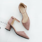 Advbridge black/pink thick high heels women pointed toe suede leather pumps women ankle belt working shoes cut out escarpins femme 66