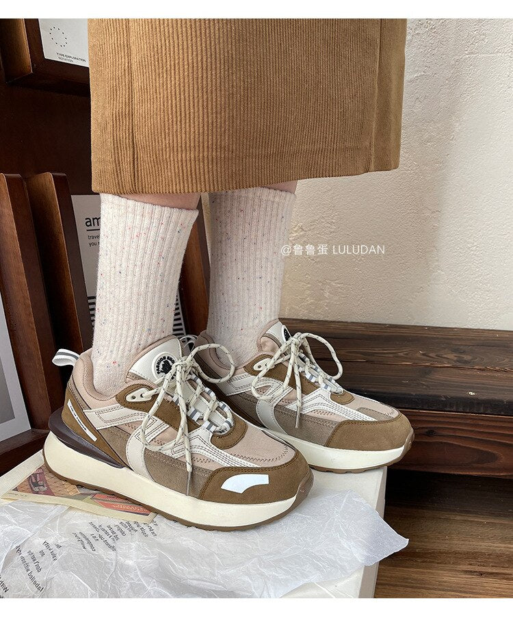 Advbridge Casual Sneakers Women Suede Leather Patchwork Mixed Colors Lace-Up Round Toe Platform Shoes Lady Flats Handmade