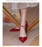 Advbridge Cute Sandals White Satin  Buckle Strap Dress Bride Minority Bridesmaid Summer Pearls Bow Thick Heel Women's Middle Heel