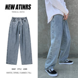 Advbridge Elastic waist drawstring jeans men's fashion brand wide leg floor pants loose straight tube drop feeling wide leg pants