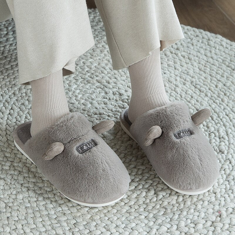 Advbridge Women Winter Slippers Shoes Comfort Cute Ears Fur Non-slip Soft Warm Home Slippers Indoor Bedroom Children Couples Floor Shoes