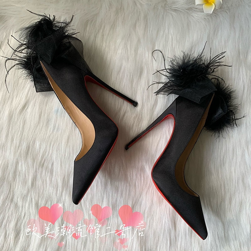 Advbridge Hot sale designer brand sexy black satin pointed toe  with fur on back women lady party performance evening heel pump