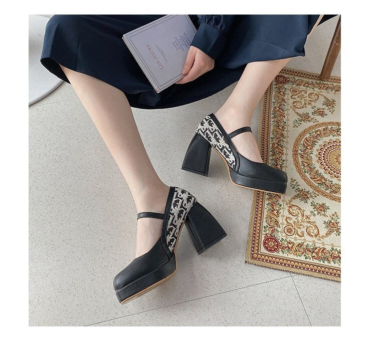 Advbridge Platform Pumps High Heeled Shoes Thick Heel  Spring Buckle Mary Jane Black Single Shoes Woman Square Heel Sandalias Mujer