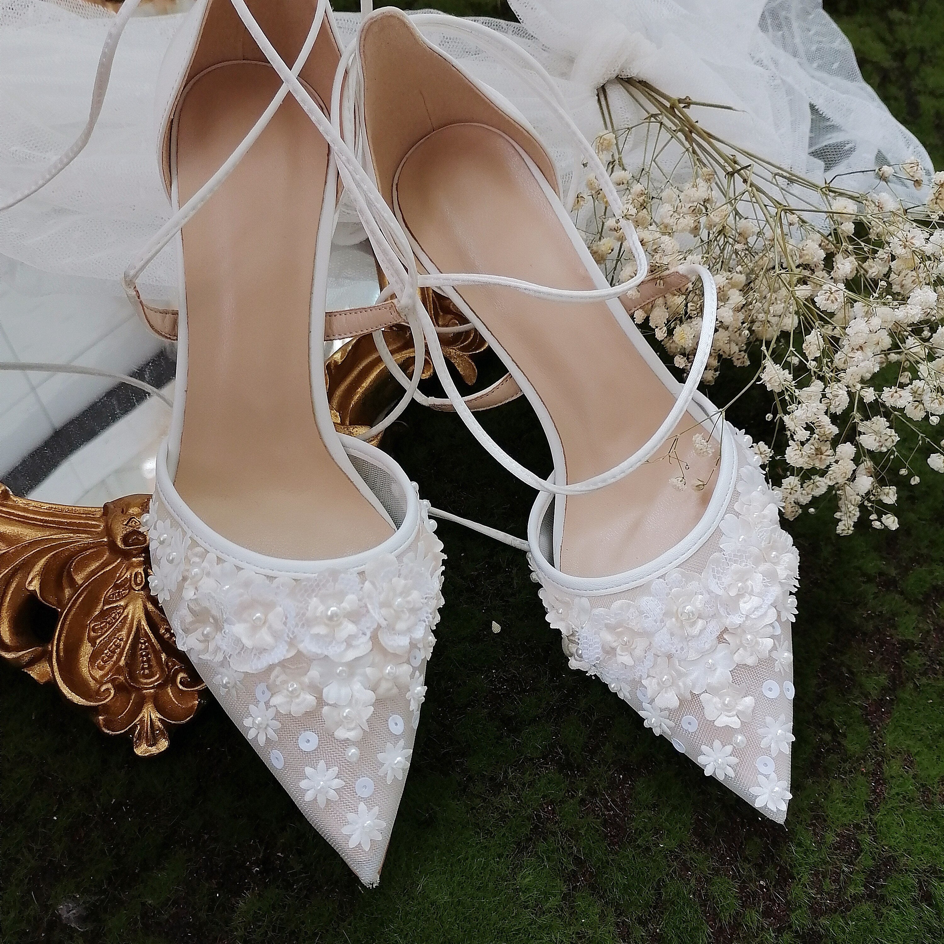 Advbridge New Bride's Shoes French Embroidery Stamping Handmade Girl White Bandage Lady's Wedding Dress High Heels Wedding Shoes