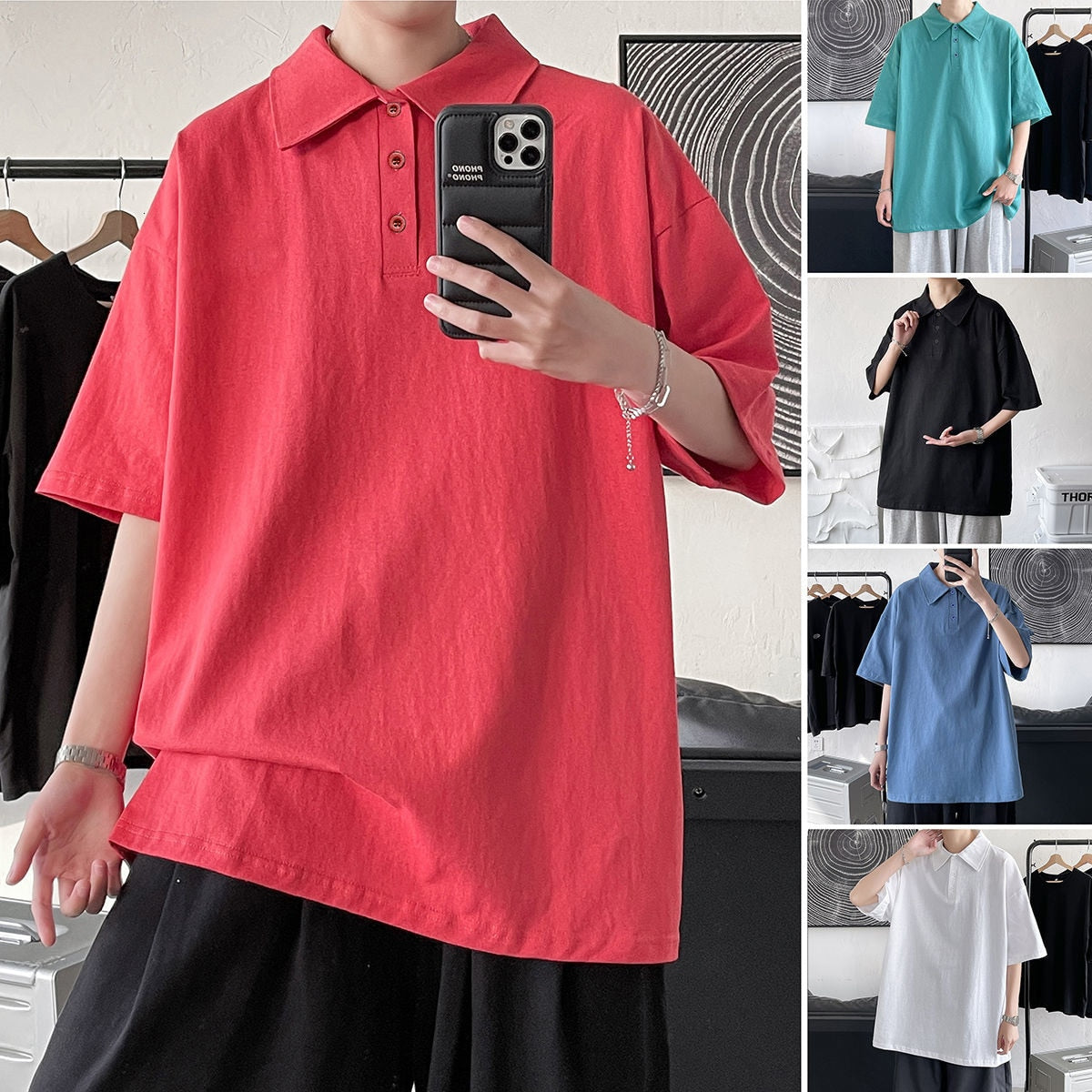 Advbridge Summer Men's Casual Clothes Couple T Shirts Lapel Collar Red Short Sleeve T-shirt Fashion Tops Tshirt Large Size M-5XL