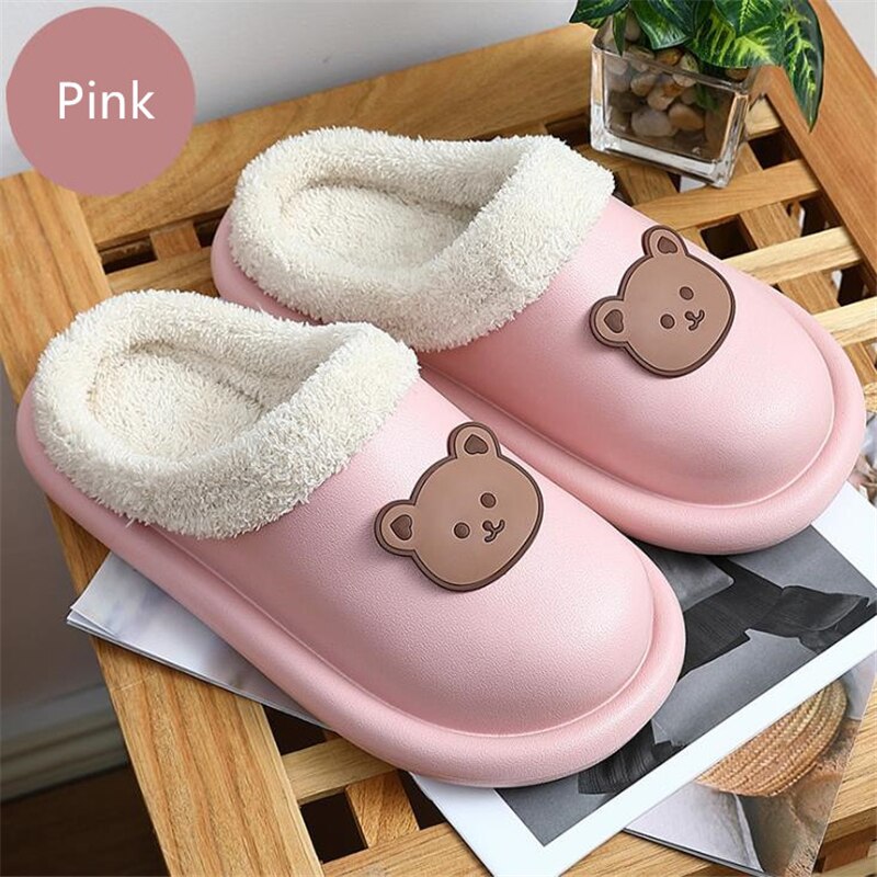 Advbridge Cartoon Bear Winter Slippers Warm Women Shoes Waterproof Non-Slip Female Home Slippers Couples Indoor Outdoor Cotton Shoes