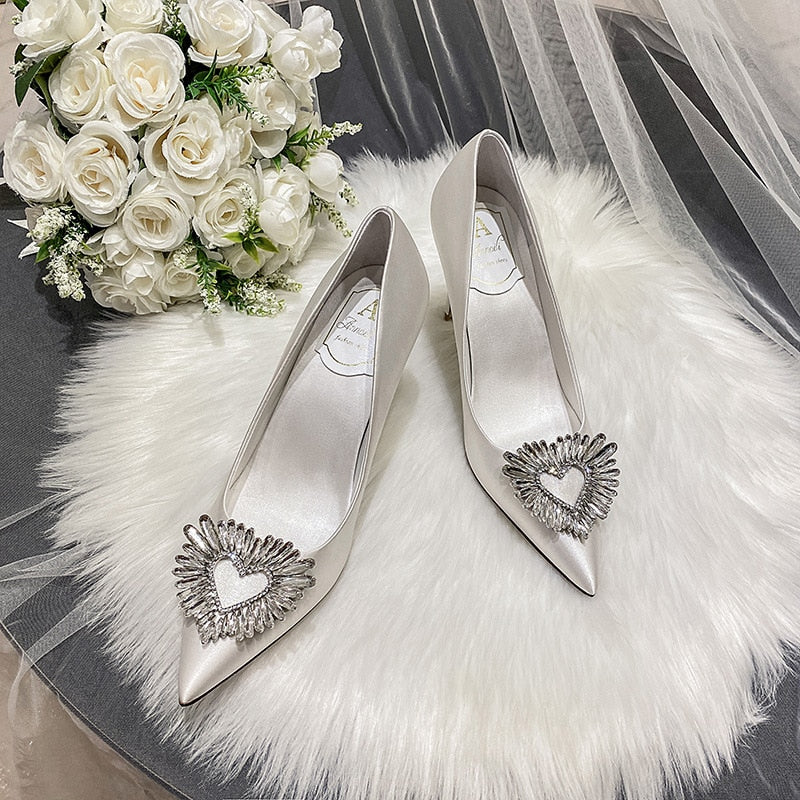 Advbridge French Main Wedding Wedding Shoes Bridesmaids Shoes Champagne Crystal Diamond Button Dress Single Shoes Satin White Heels