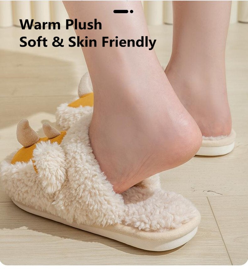 Advbridge Warm Faux Fur Women Men Cartoon Slippers Soft Plush Indoor Home Ladies Winter Shoes Lovers House Floor Cotton Slipper