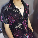 Advbridge Fashion Transparent Floral Shirt Masculine Velvet Slim-fit Shirt Mens Short-sleeved Clothing See-through Nightclub Purple Shirt