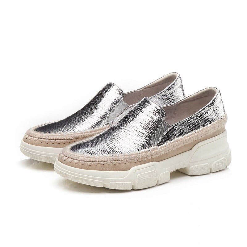 Advbridge Causal Loafers Metal Sheepskin Women Flats Slip On Ladies Simple Shoes Silver Color Platform Footwear