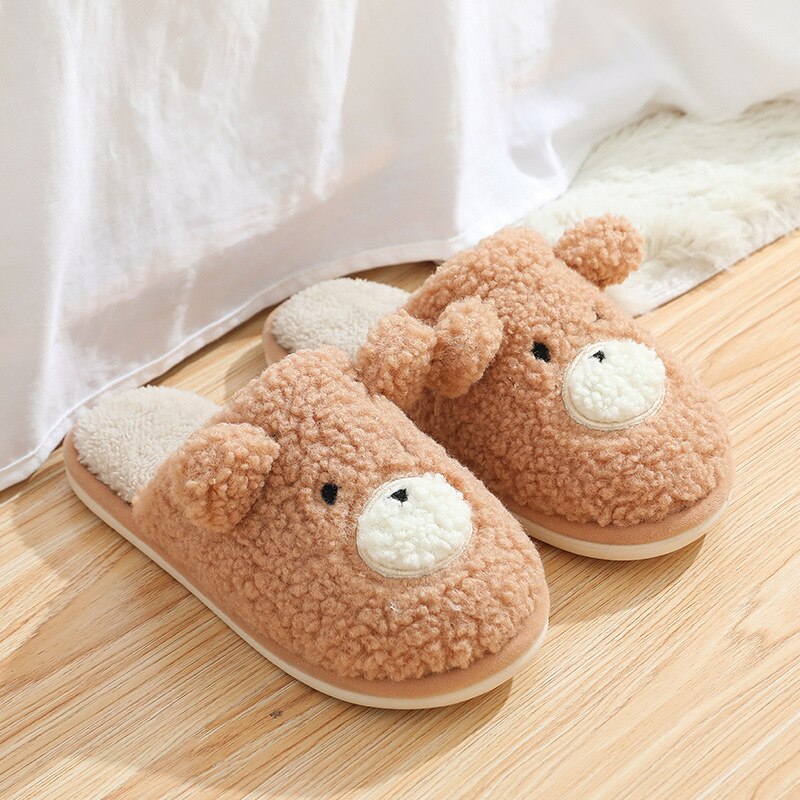 Advbridge Winter Home Cotton Slippers Warm Shoes Cute Bear Non-Slip Fur Soft Sole Indoor Bedroom House Women Men Couple Female Slides