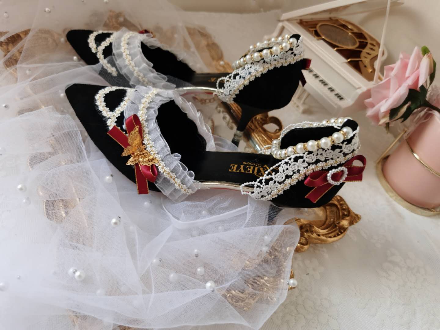 Advbridge Lolita black flower feast French palace vintage Chinese style high heels kawaii shoes cosplay loli women shoes princess kawaii