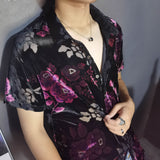 Advbridge Fashion Transparent Floral Shirt Masculine Velvet Slim-fit Shirt Mens Short-sleeved Clothing See-through Nightclub Purple Shirt