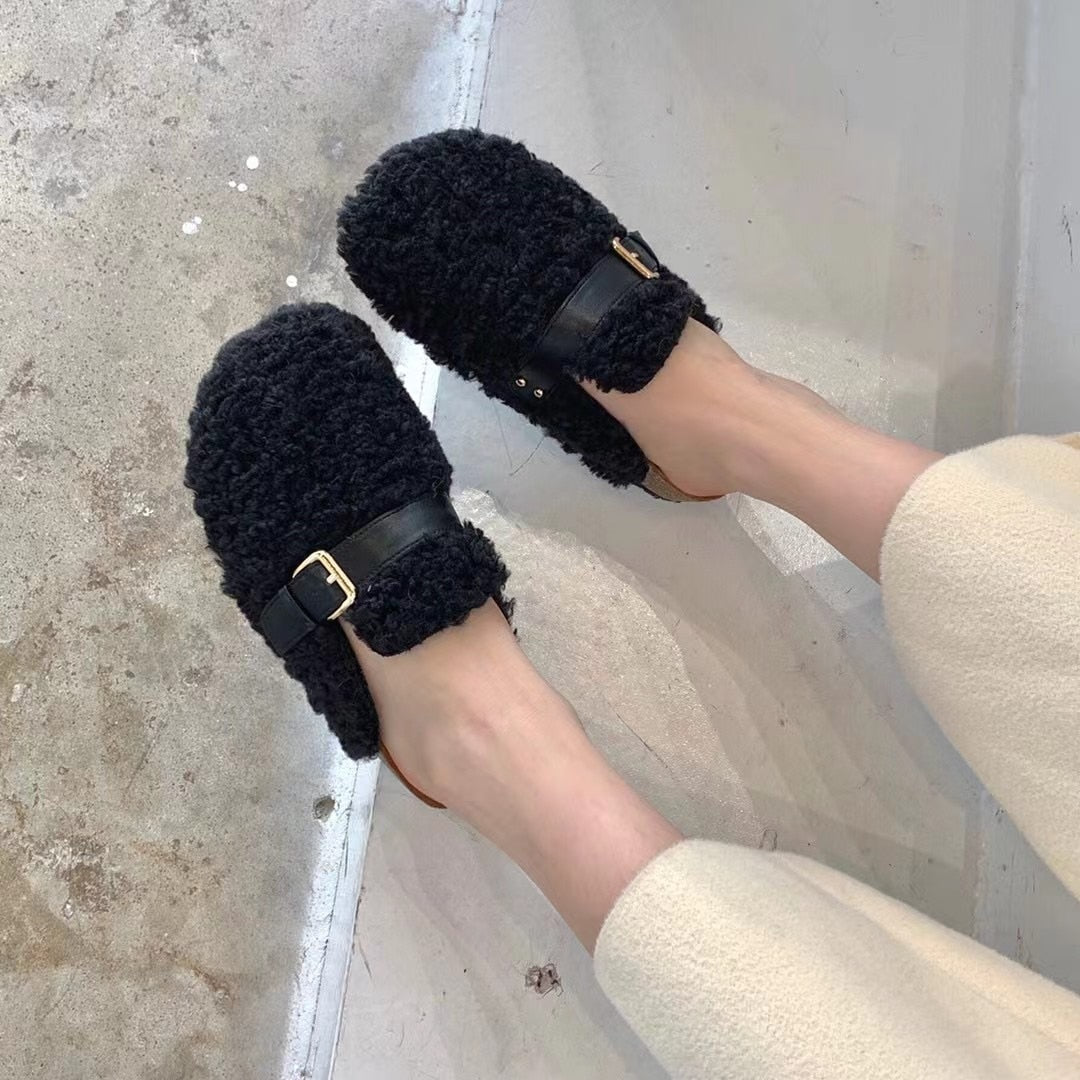 Advbridge Curly Wool Fur Slippers Women Winter Shoes Ladies Fleeces Sandalias Warm Plush Slides Belt Buckle Fluffy Mules Female Pantuflas