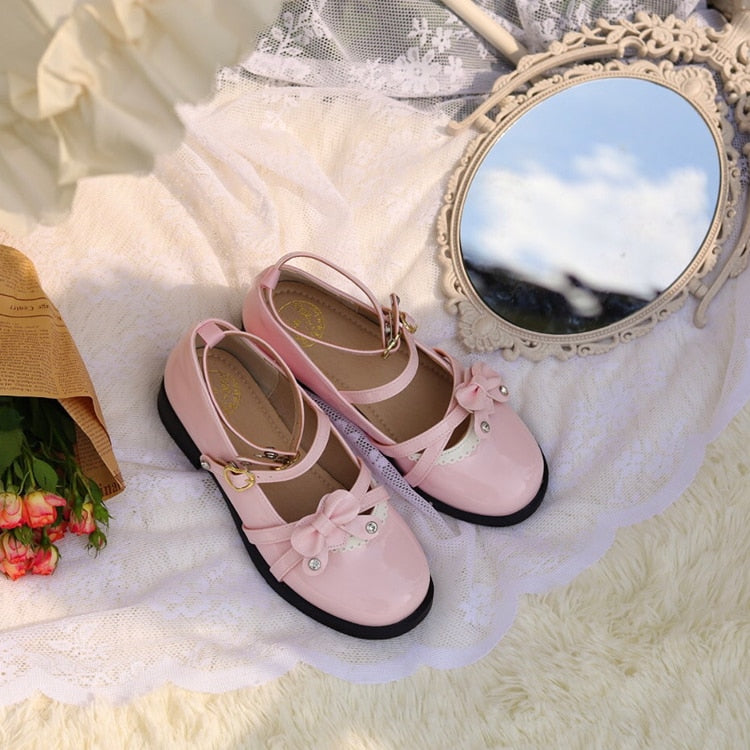 Advbridge Kawaii Lolita Shoes Flower Cross Buckle Bow Sweet Student Round Head Middle Heel Loli Shoe Jk Uniform Female Summer Cosplay Goth