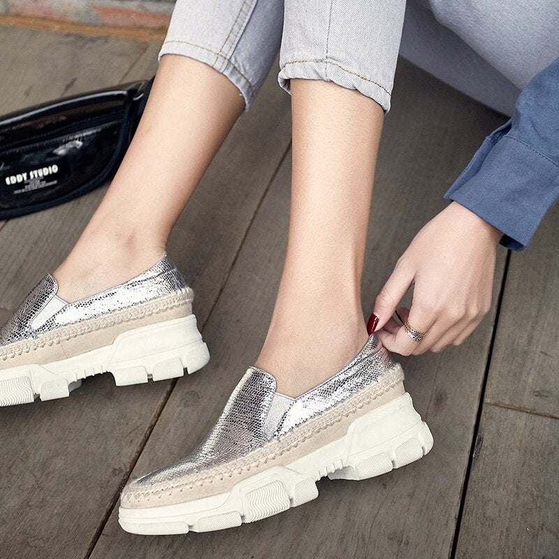 Advbridge Causal Loafers Metal Sheepskin Women Flats Slip On Ladies Simple Shoes Silver Color Platform Footwear