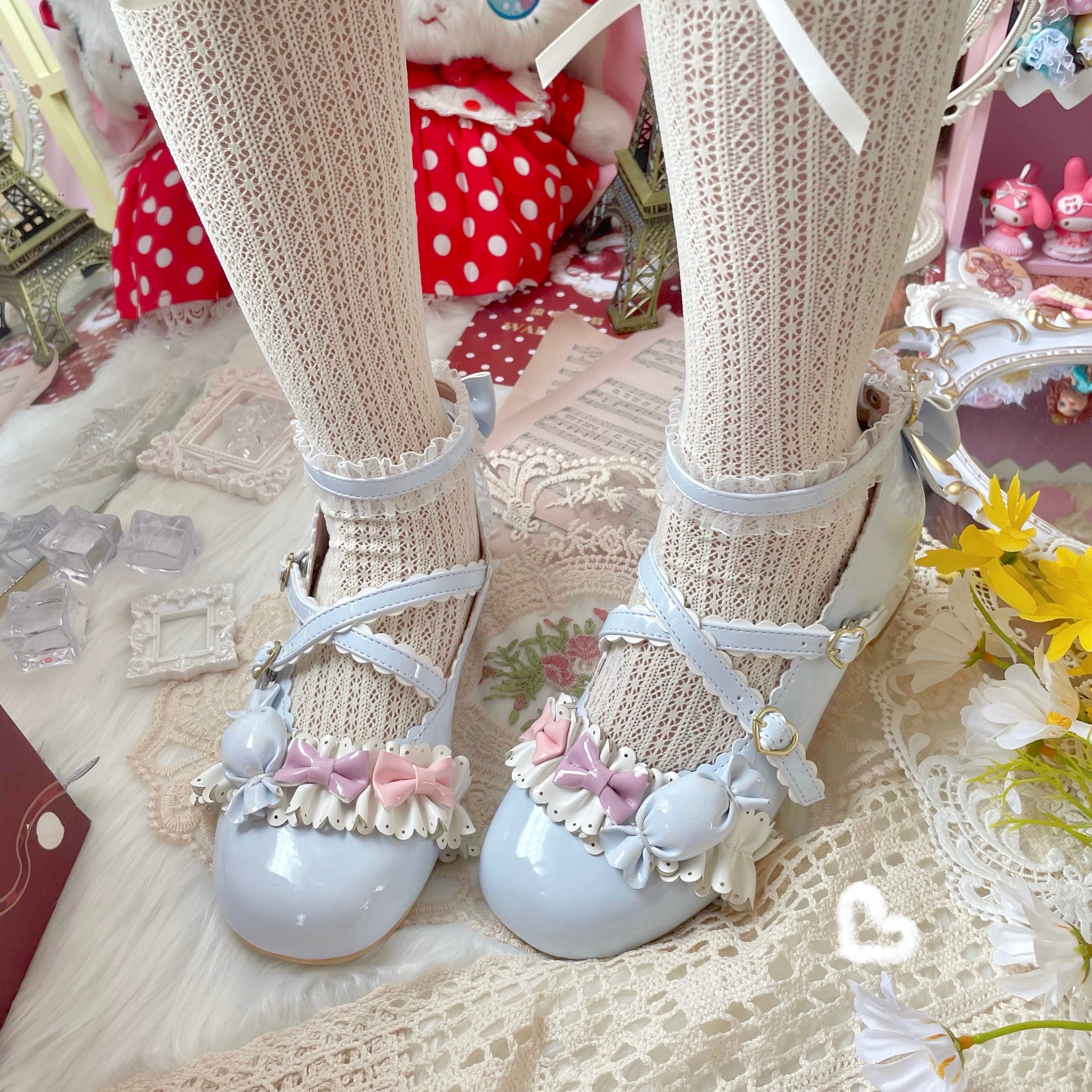 Advbridge Lolita Shoes Sweet Daily Bowknot Lolita Shoes Student Red Christmas Cute Candy Ruffled Cosplay Cos Lolita Soft Girl Shoes