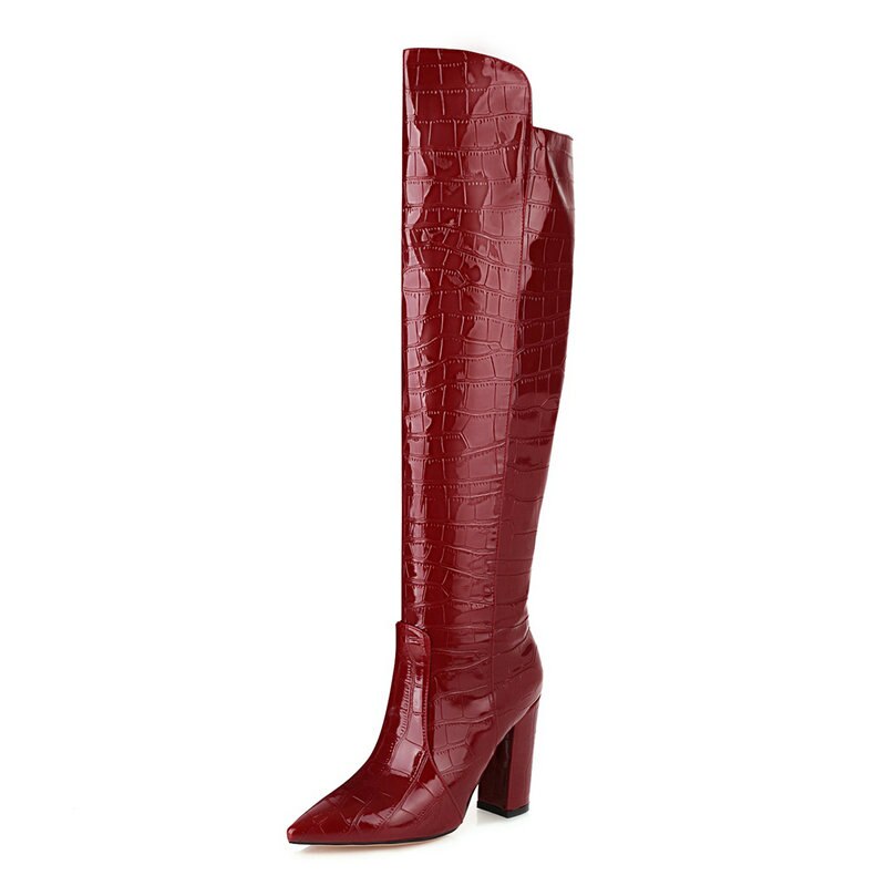 Advbridge Black Brown Wine Red White Women Over the Knee Boots Patent PU Leather Women Winter Shoes Fashion Pointed Toe Square Heel Shoes