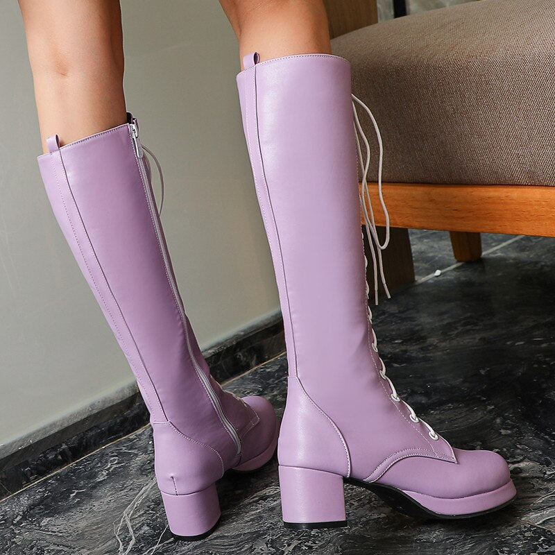 Advbridge Fashion Women's High Knee Boots Winter Shoes Woman Lovely Sweet Lace Up Purple Pink White Lolita Shoes Girls Boots Large Size 48