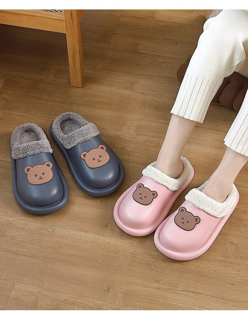 Advbridge Cartoon Bear Winter Slippers Warm Women Shoes Waterproof Non-Slip Female Home Slippers Couples Indoor Outdoor Cotton Shoes