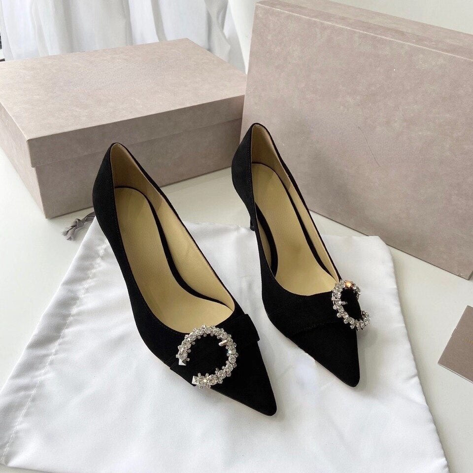 Advbridge New Crystal Rhinestone Buckle French High Heels Women Pointed Stiletto Heel All-Matching Women's Shoes Pumps