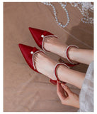 Advbridge Cute Sandals White Satin  Buckle Strap Dress Bride Minority Bridesmaid Summer Pearls Bow Thick Heel Women's Middle Heel