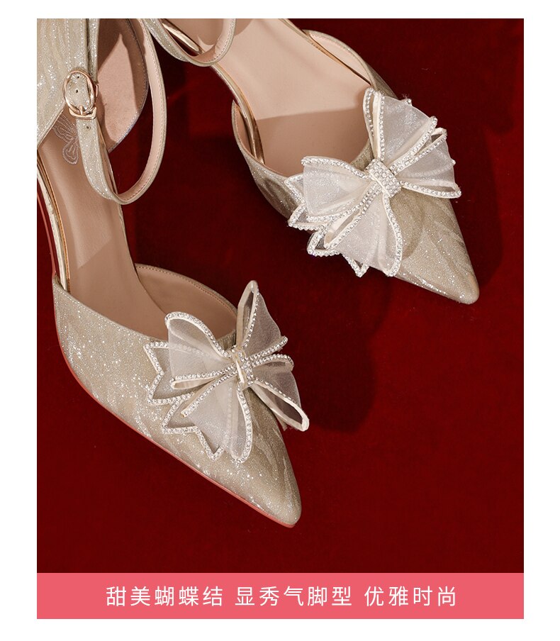 Advbridge Daily Wedding Shoes French Bride Crystal Shoes Minority Dress Shoes Summer Rhinestone Bow High-heeled Sandals Fairy Style