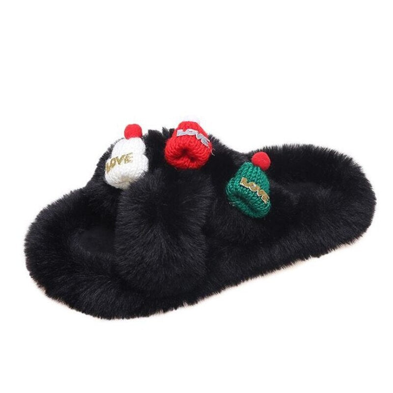 Advbridge Christmas Slippers Women Soft Faux Fur Cross Indoor Floor Slides Ladies Warm Fluffy Outdoor Slippers Female Cozy Shoes Flip Flop