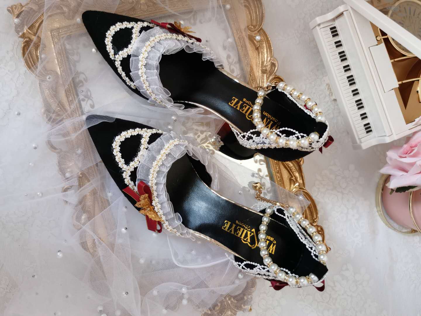 Advbridge Lolita black flower feast French palace vintage Chinese style high heels kawaii shoes cosplay loli women shoes princess kawaii