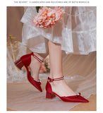 Advbridge Cute Sandals White Satin  Buckle Strap Dress Bride Minority Bridesmaid Summer Pearls Bow Thick Heel Women's Middle Heel