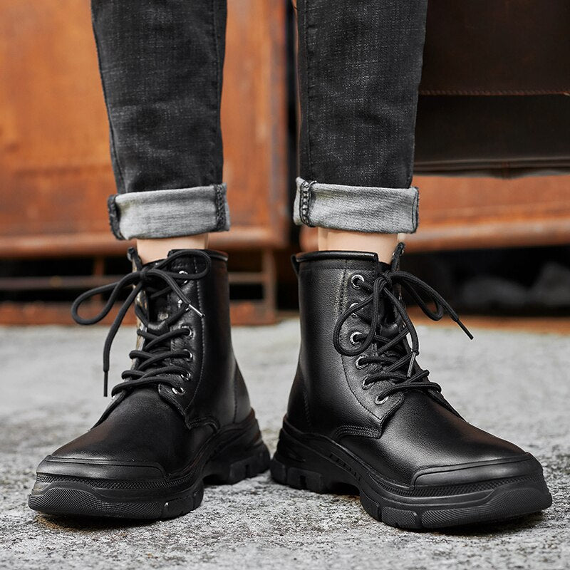 Advbridge Fashion Men Boots Real Leather Warm Ankle Boots High Top Waterproof Motorcycle Boots Lace-up Motocross Boots Sale Winter Boots