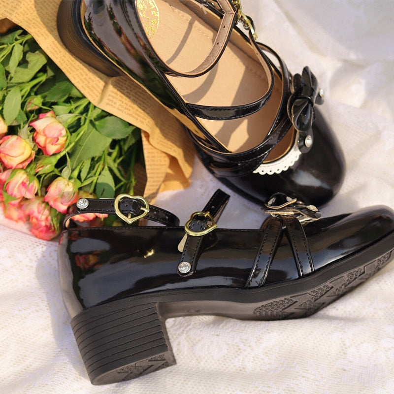 Advbridge Kawaii Lolita Shoes Flower Cross Buckle Bow Sweet Student Round Head Middle Heel Loli Shoe Jk Uniform Female Summer Cosplay Goth