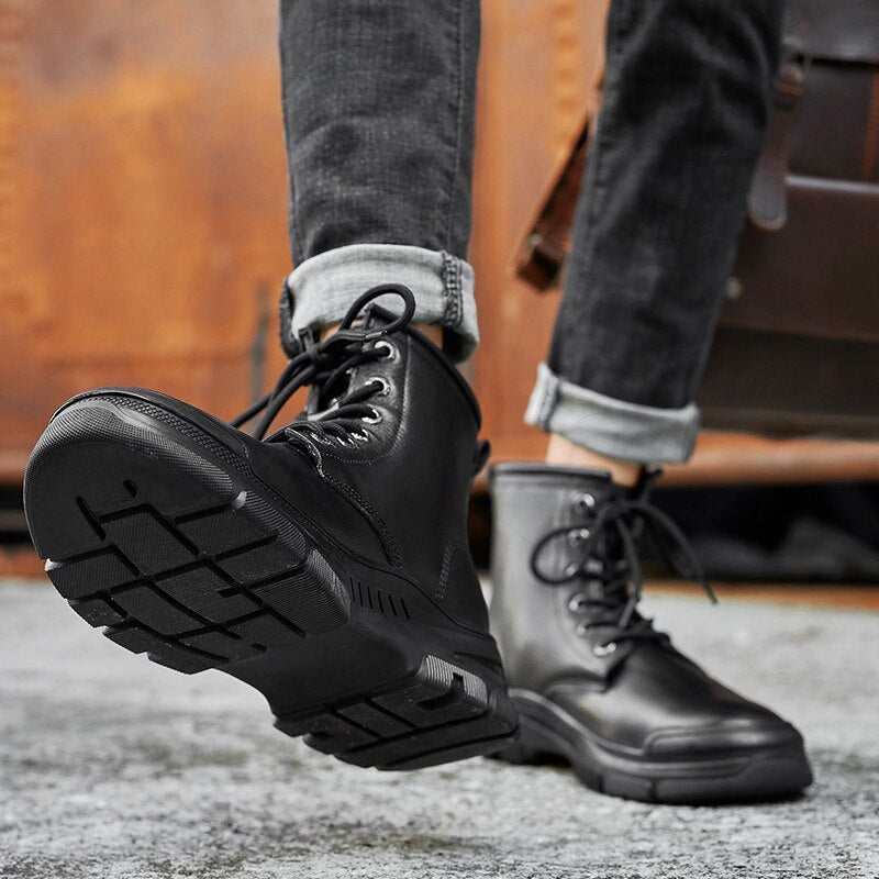 Advbridge Fashion Men Boots Real Leather Warm Ankle Boots High Top Waterproof Motorcycle Boots Lace-up Motocross Boots Sale Winter Boots