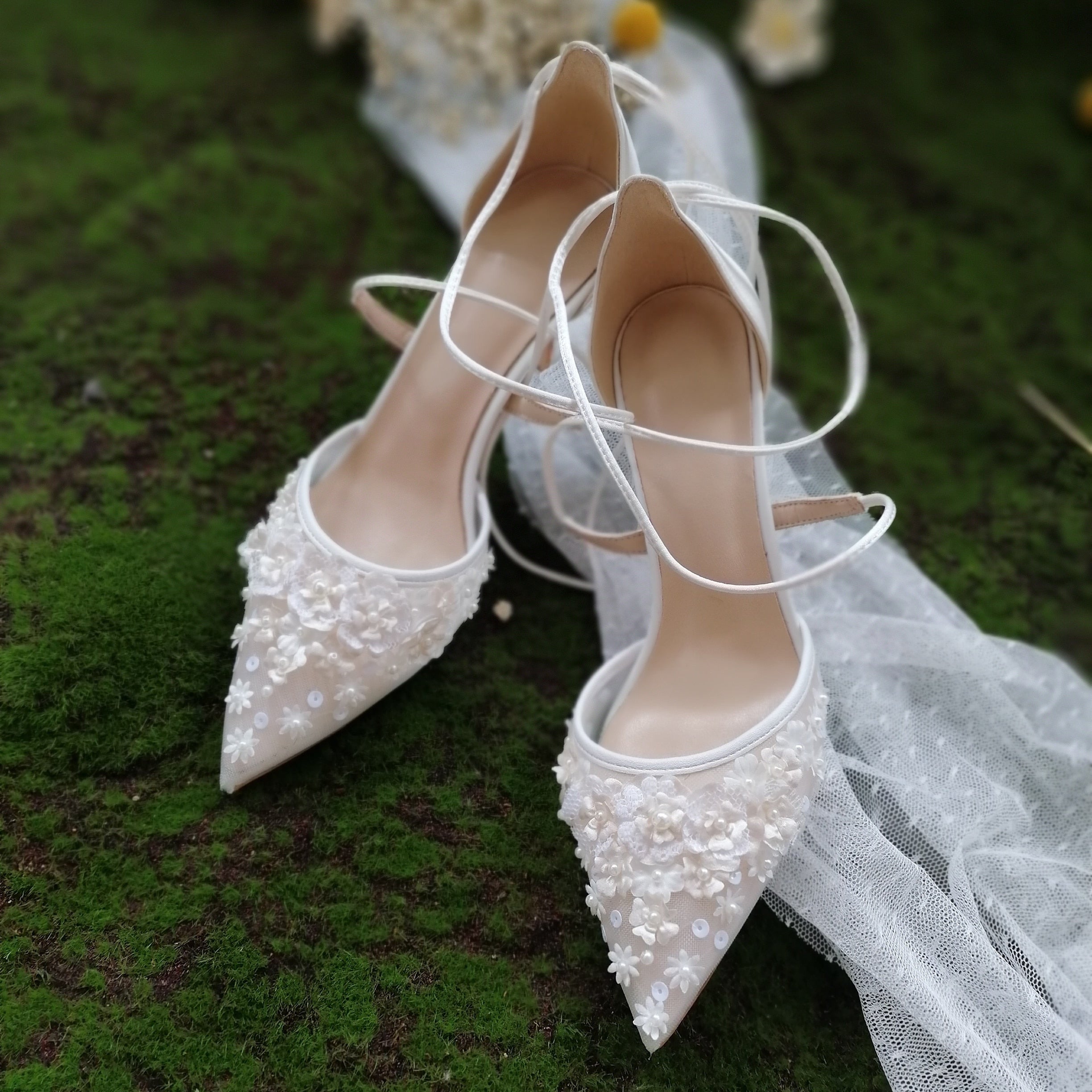 Advbridge New Bride's Shoes French Embroidery Stamping Handmade Girl White Bandage Lady's Wedding Dress High Heels Wedding Shoes